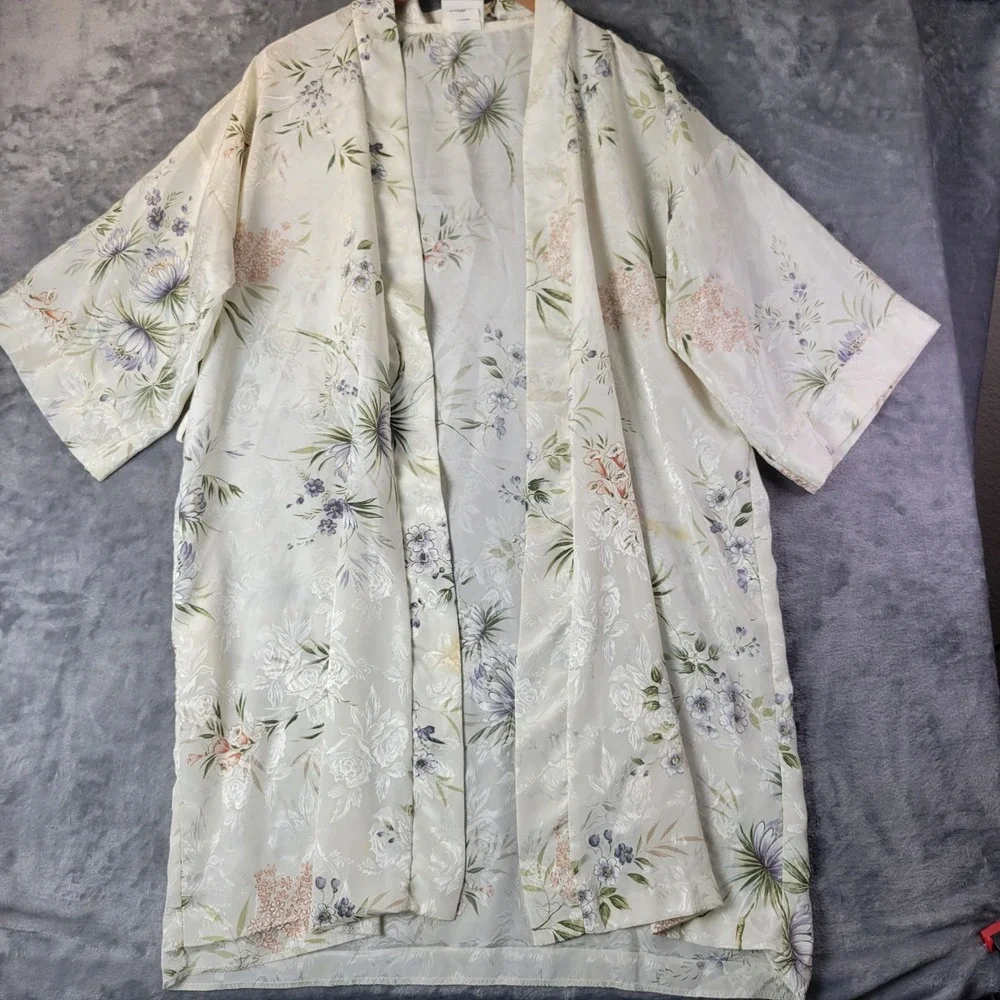 Vintage Intimo Amore 90s Floral Satin Kimono Robe Cream‎ Romantic Faiycore M